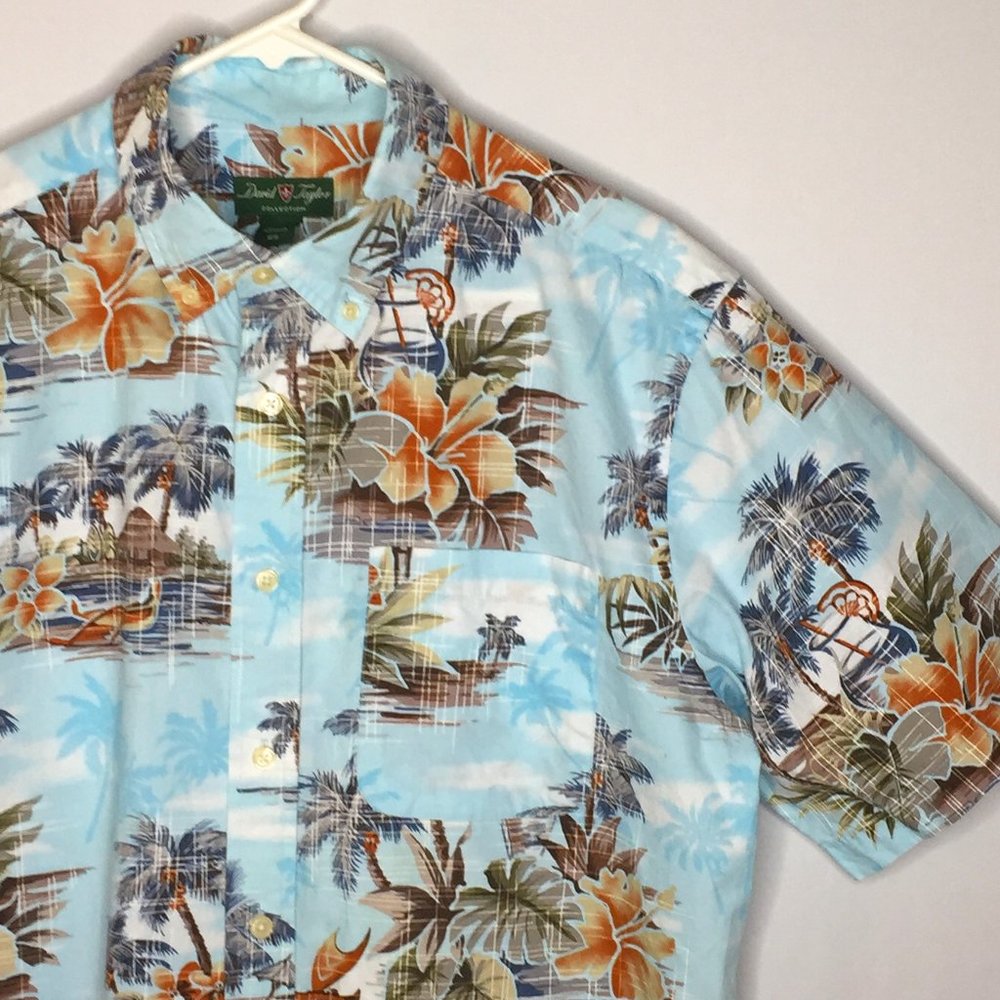 David Taylor Hawaiian Aloha Shirt Mens M Blue Button Down Outrigger Hibiscus